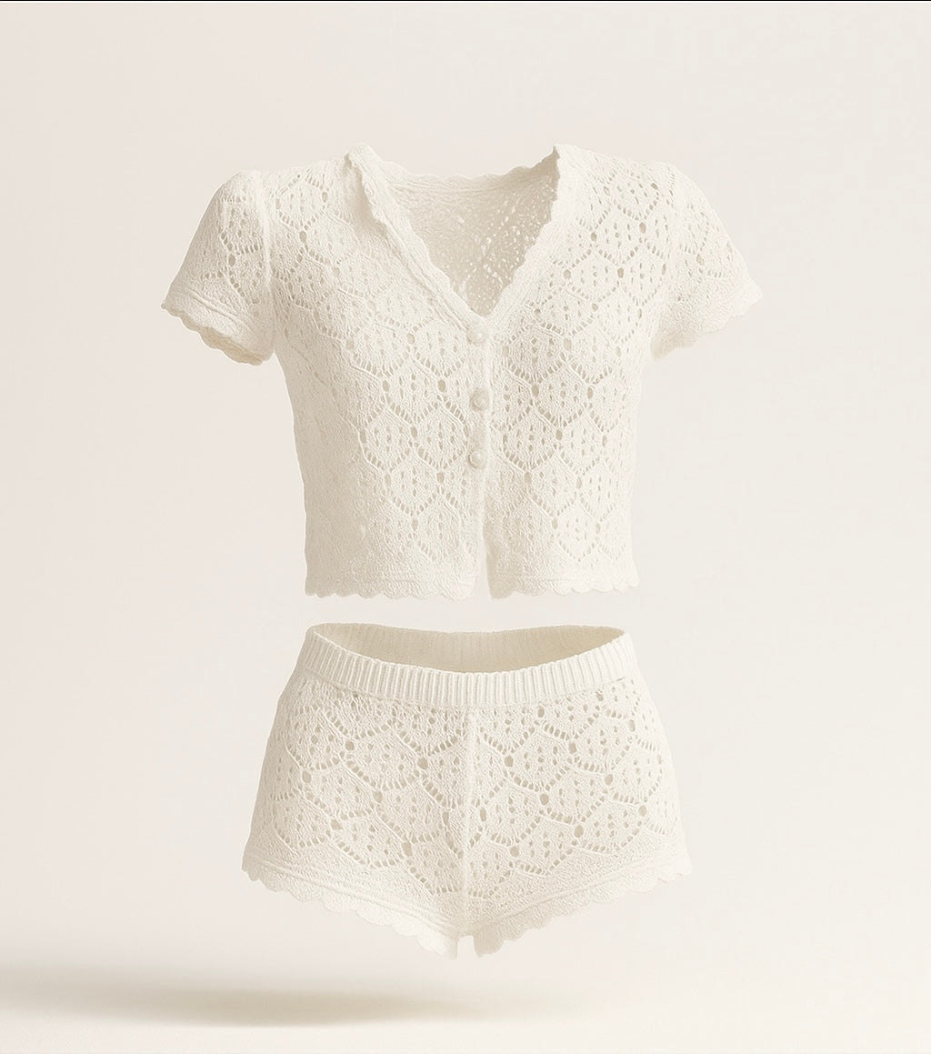White Crochet Summer Set – Top & Shorts