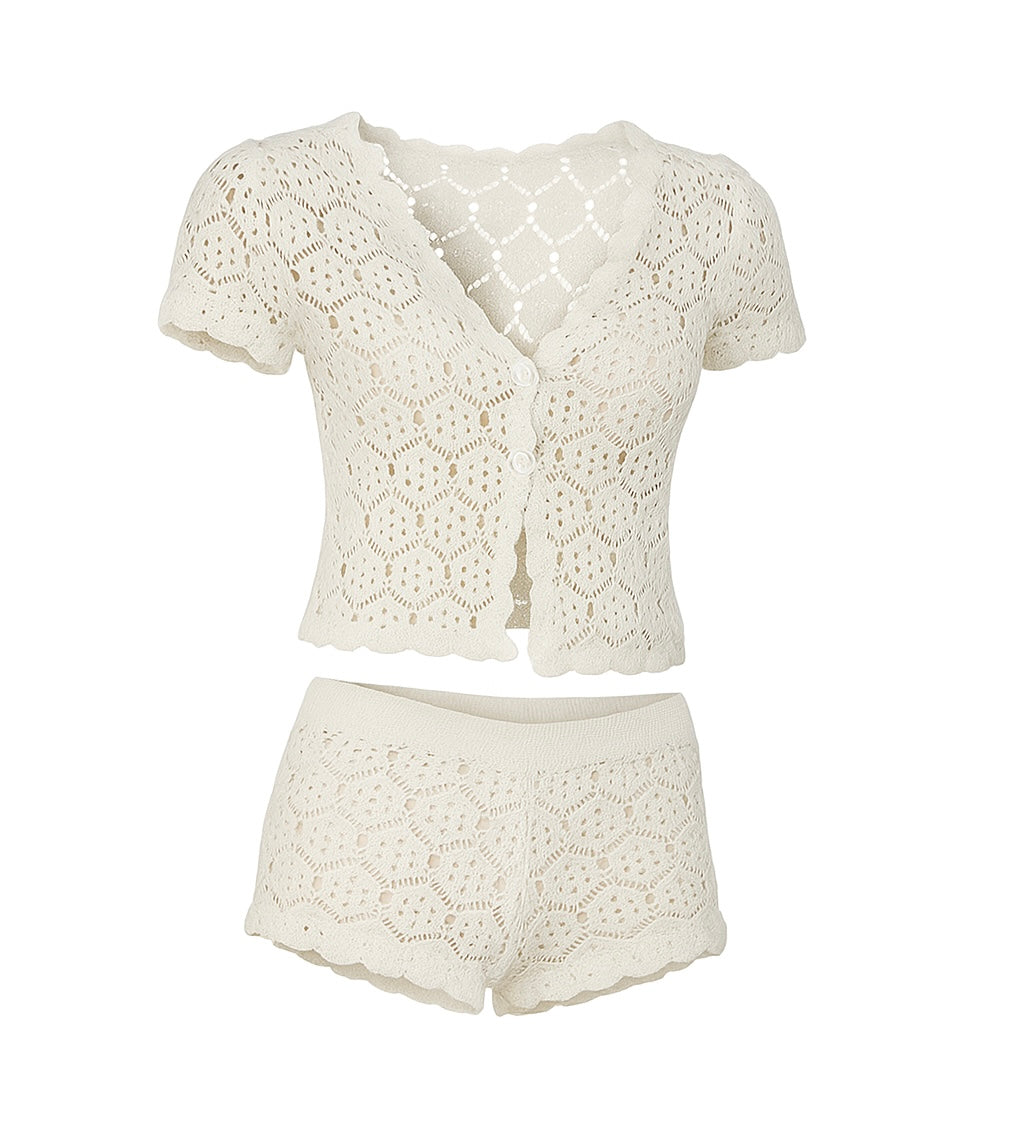 White Crochet Summer Set – Top & Shorts
