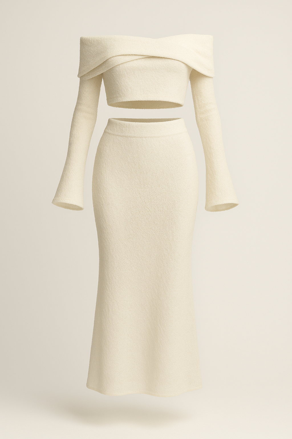 Ensemble deux pièces blanc texturé – Look élégant à épaules dénudées