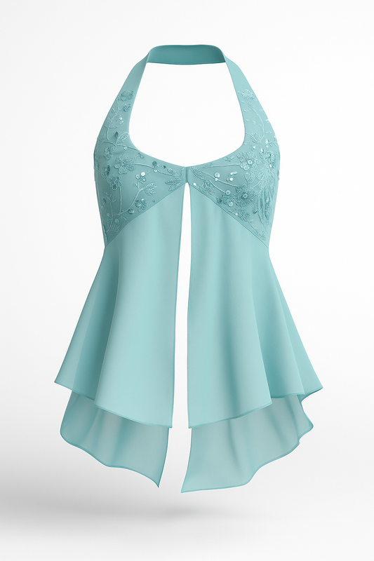 Blue Pearl Embellished Sequins Halter Top