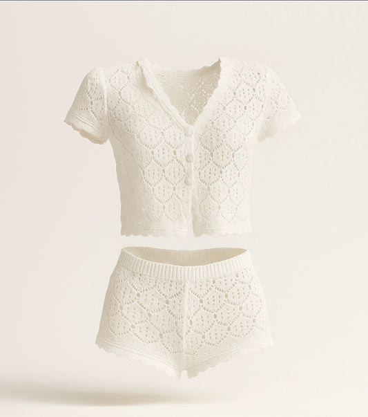 White Crochet Summer Set – Top & Shorts