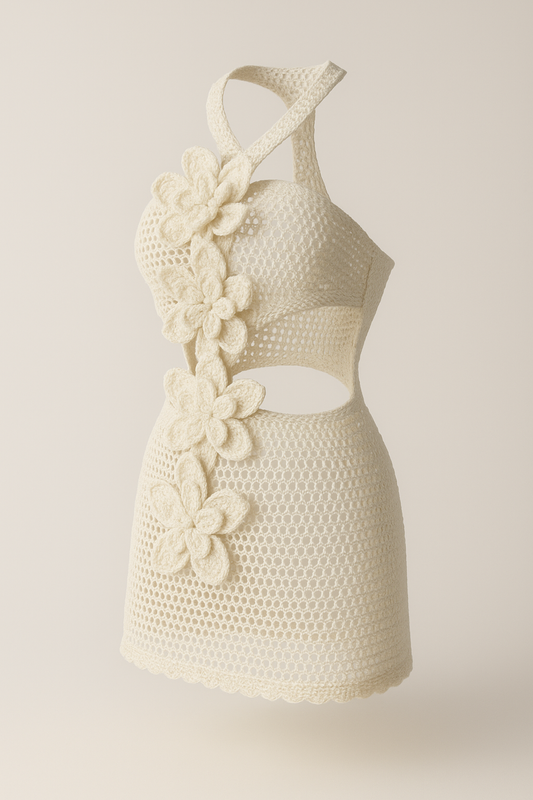 Flower Knitted Short Dress Women Crochet