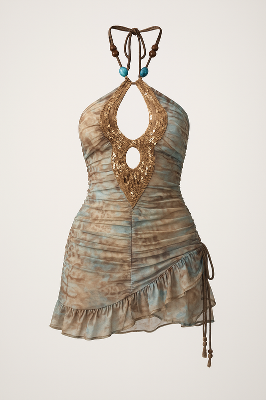 Halter Printed Beach Mini Dress - Sleeveless Backless Summer