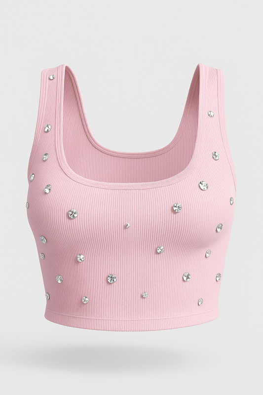 Crystal embellished ribbed crop top – pink