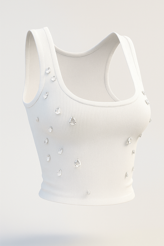 Crystal embellished ribbed crop top – white