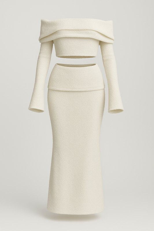 Textured White Two-Piece Set – Off Shoulder Elegant Look