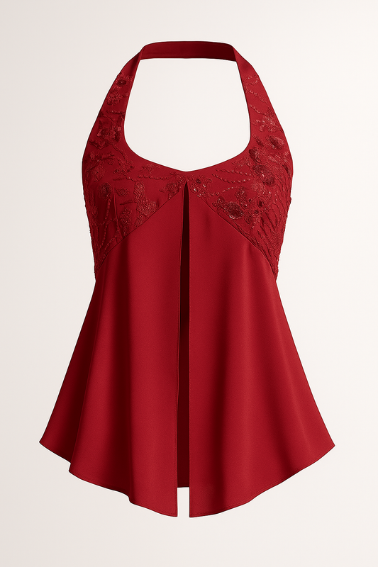 Red Pearl Embellished Sequins Halter Tops