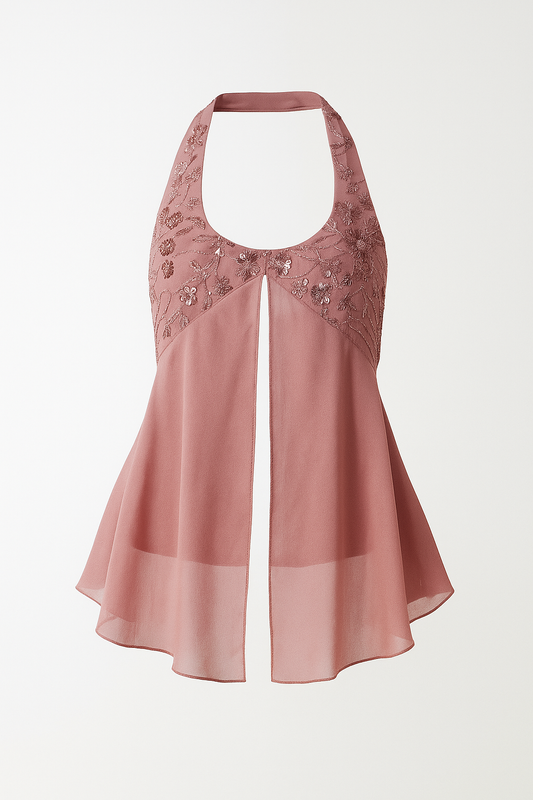 Pink Pearl Embellished Sequins Halter Top